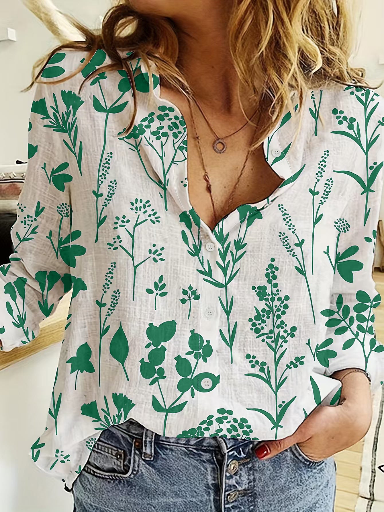Chemise à col revers à manches longues en impression numérique 3D pour femmes