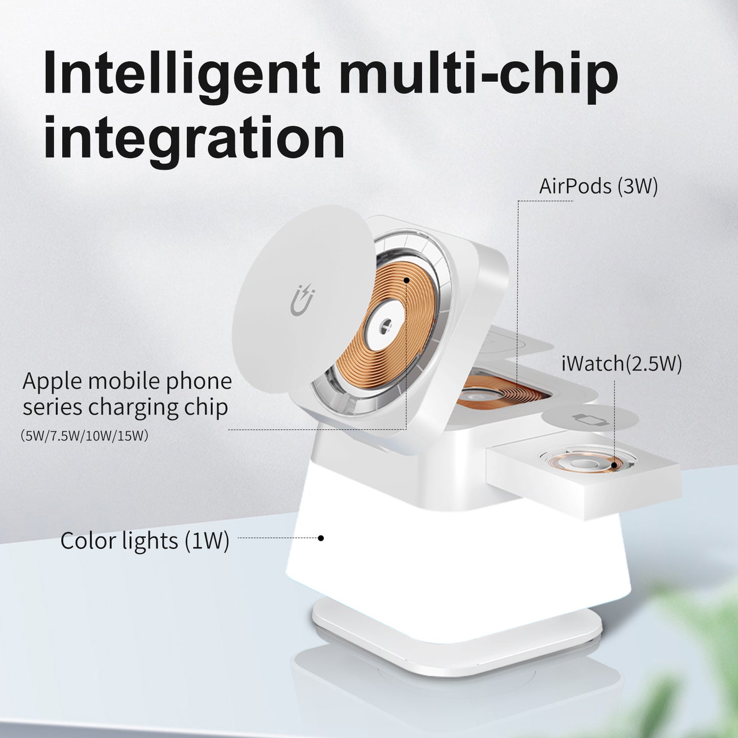Rotierender 4-in-1 kabelloser Ladehalter mit farbigem Licht für Telefon 15 14 13 12 Pro Max 8 7, magnetische Schnellladestation
