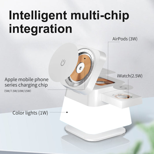 Rotierender 4-in-1 kabelloser Ladehalter mit farbigem Licht für Telefon 15 14 13 12 Pro Max 8 7, magnetische Schnellladestation