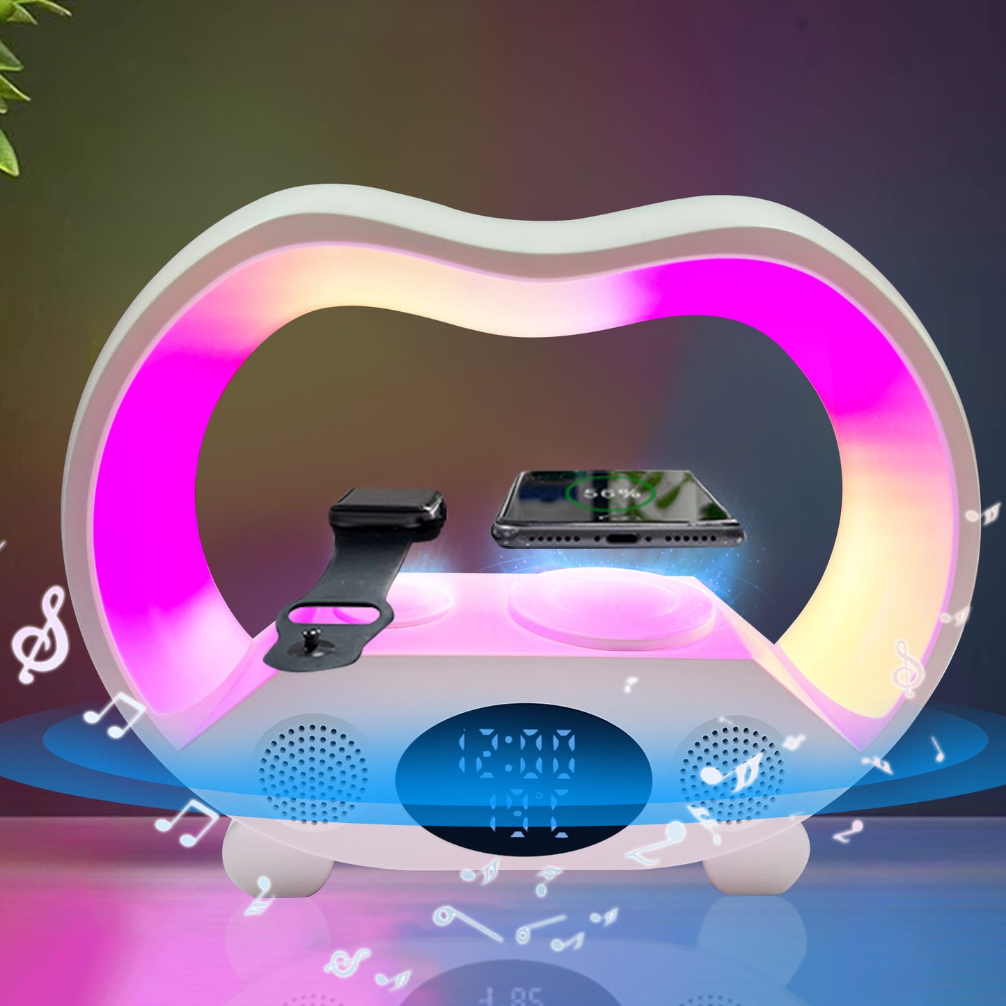 2024 Nouveau Lampe de Table LED Intelligente Ambiance 6 en 1 avec Télécommande Bluetooth Compatible, Chargeur sans fil Multifuntion, Lumière de Nuit, Haut-parleur Bluetooth Compatible
