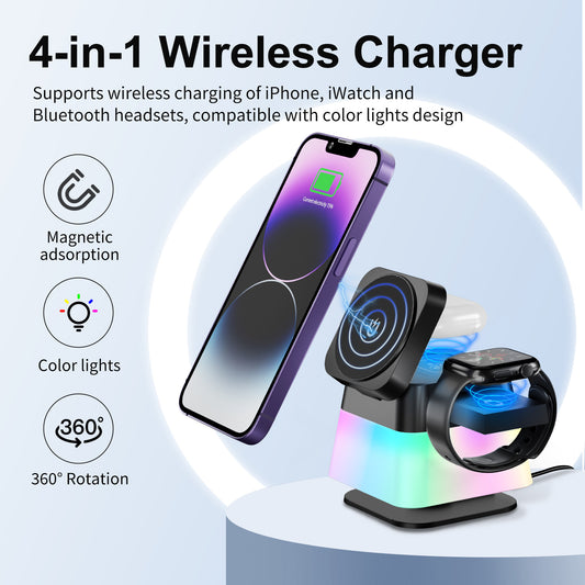 Rotierender 4-in-1 kabelloser Ladehalter mit farbigem Licht für Telefon 15 14 13 12 Pro Max 8 7, magnetische Schnellladestation