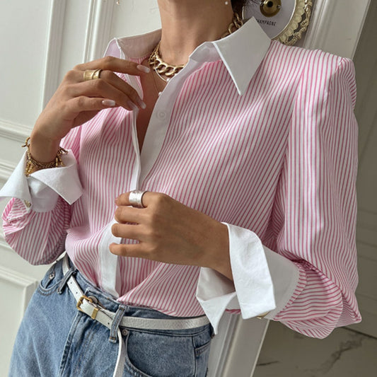 Chemise décontractée imprimée à patchwork pour femmes à manches longues rayées, chemise décontractée à col en V avec manchons froncés laminés