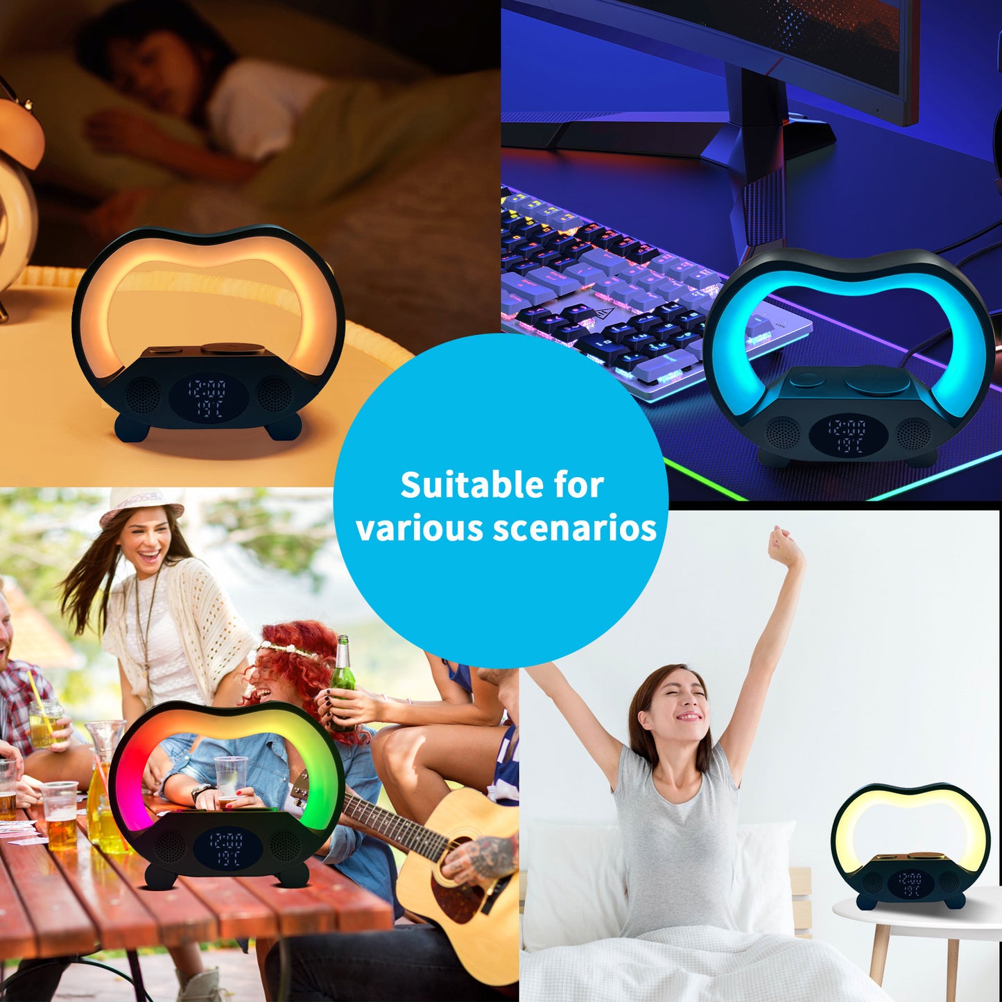 2024 Nouveau Lampe de Table LED Intelligente Ambiance 6 en 1 avec Télécommande Bluetooth Compatible, Chargeur sans fil Multifuntion, Lumière de Nuit, Haut-parleur Bluetooth Compatible
